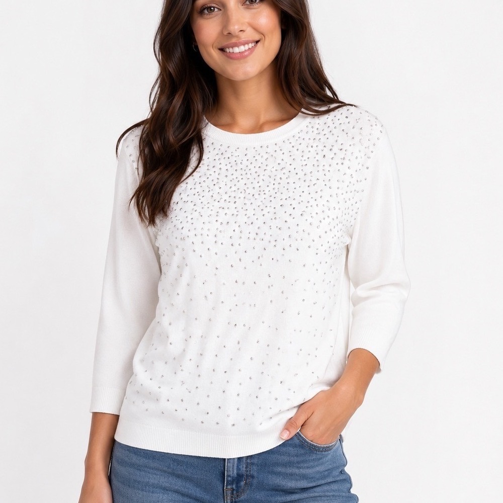 Select + Trend Ivory Studded 3/4 Sleeve Knit Top Petite Large NEW